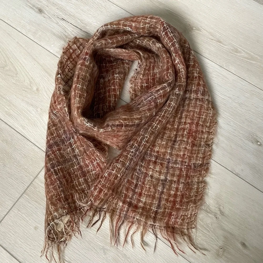 HIGHLANDS Vintage Mohair Wool Winter Scarf Made In Scotland Brown One Size